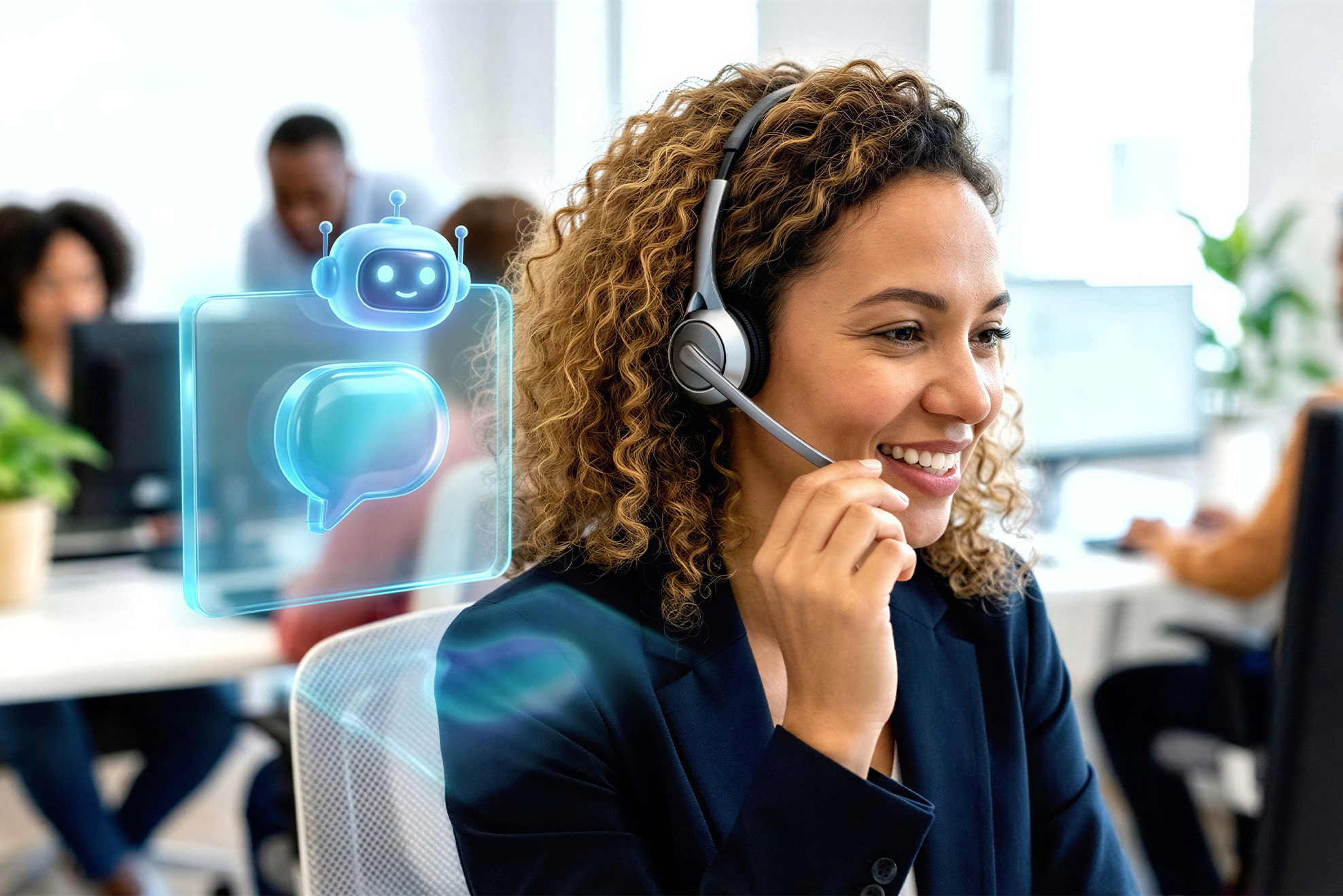 Operatore call center lavora con cuffie computer gestione campagne telefoniche AI CRM